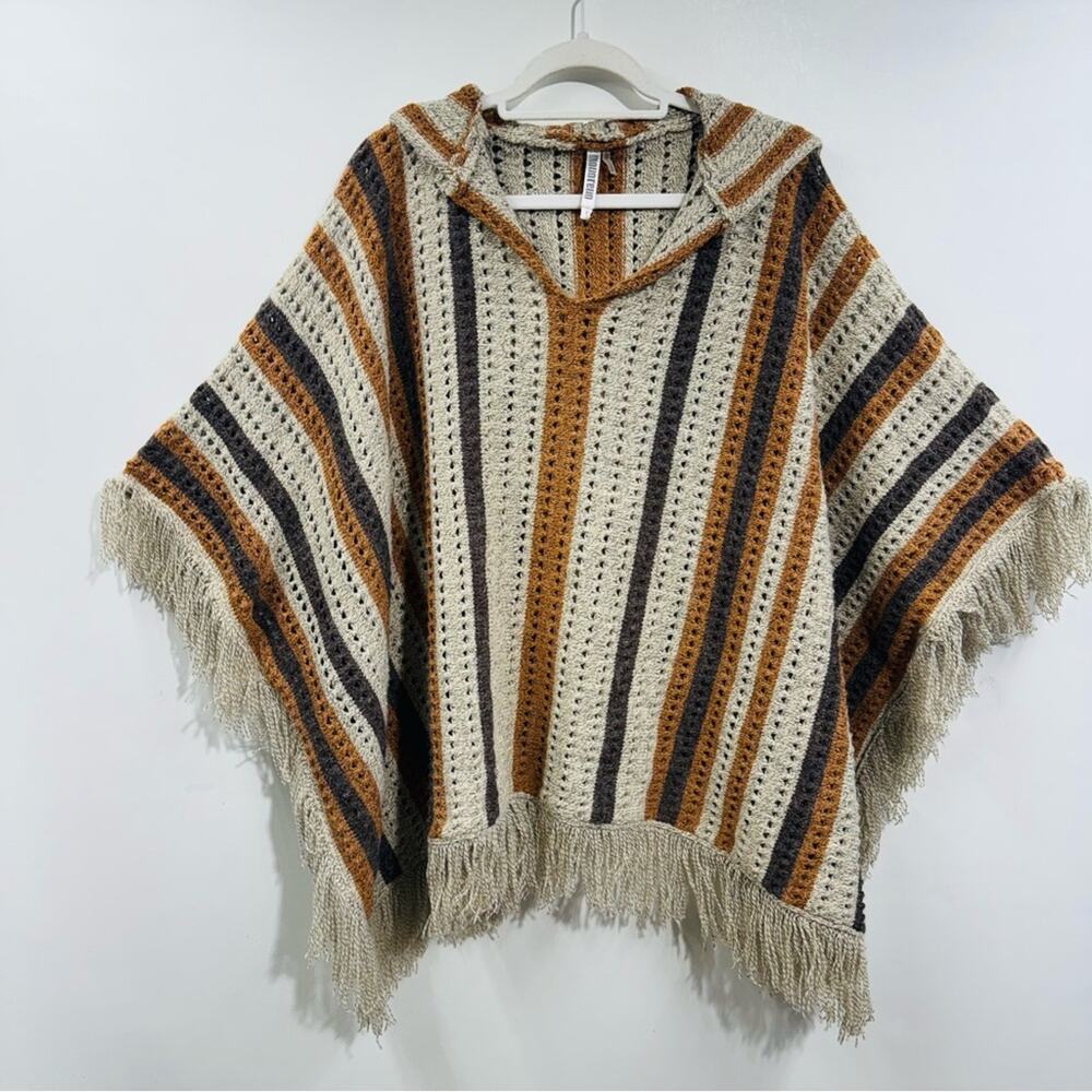 Monoreno Womens Poncho Sweater Tan Black Knit Fringe Hooded‎ Pullover Size Small
